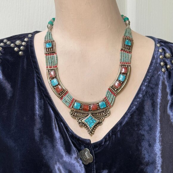 Tibetan Alpaca Silver Turquoise & Coral Mosaic Beaded Necklace - Picture 1 of 5
